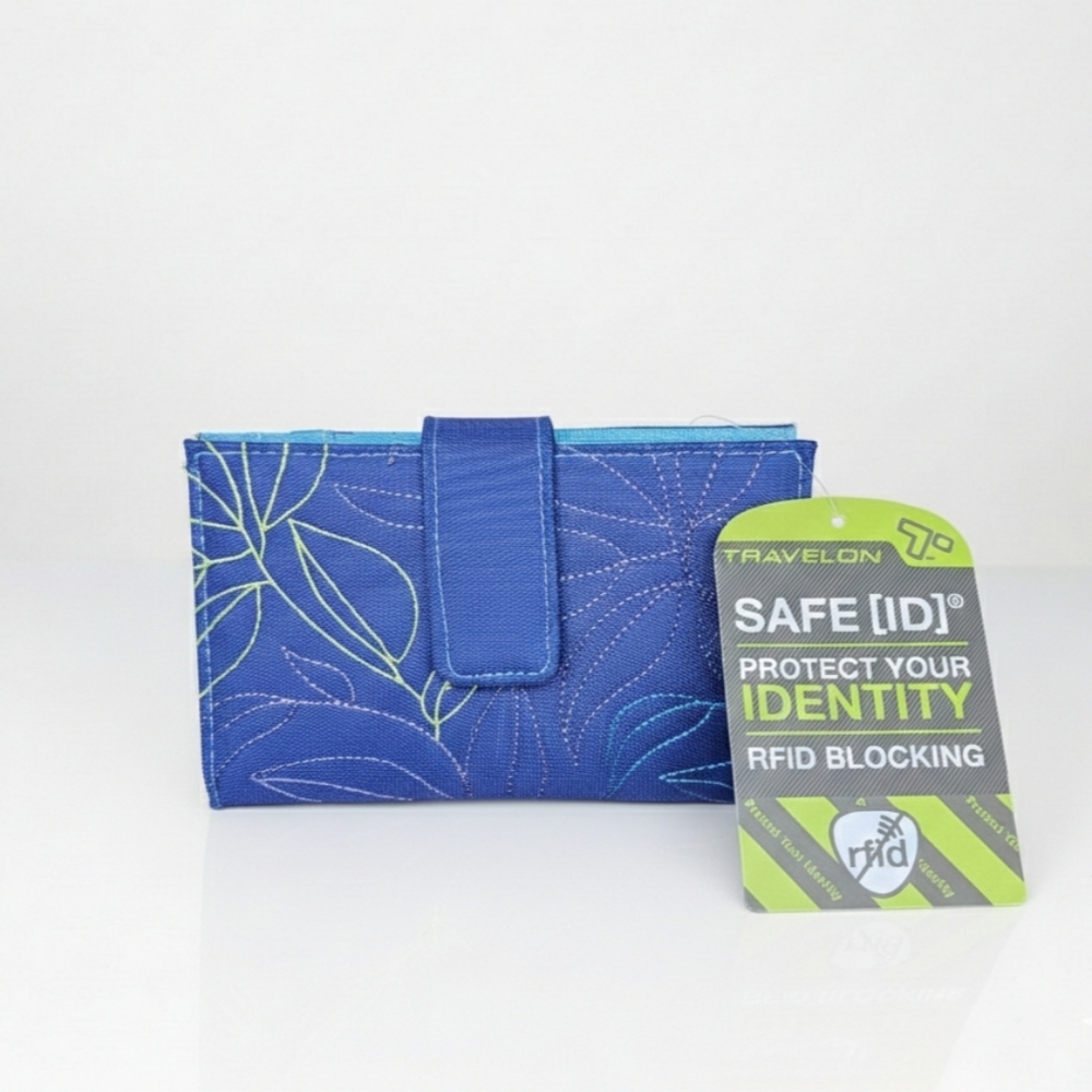 Travelon 5.5x3.5" RFID Bi-Fold Wallet Indigo Blue Floral Leaf Embroidered NEW